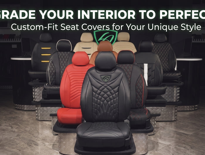 Display of custom-fit seat covers with promotional text on a dark background